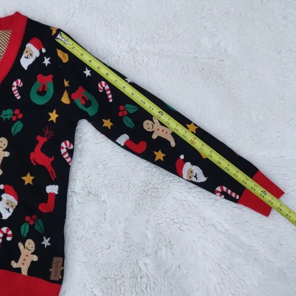 Tipsy Elves Black Cardigan with Red Trim and Festive Motifs - Picture 15 of 17